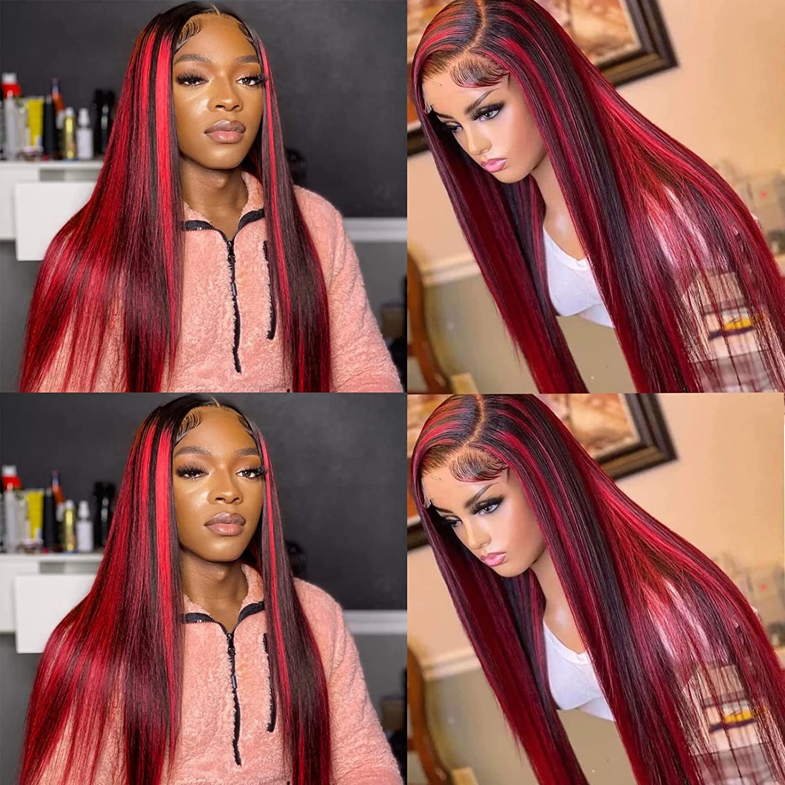 BLG 20 Inch Red Lace Front Wig Human Hair - 180% Density Highlighted Pre Plucked Skunk Stripe Wigs for Women | Glueless Colored Human Hair Lace Wig | Perfect for Cosplay, Halloween, Parties & Daily Fashion Styling