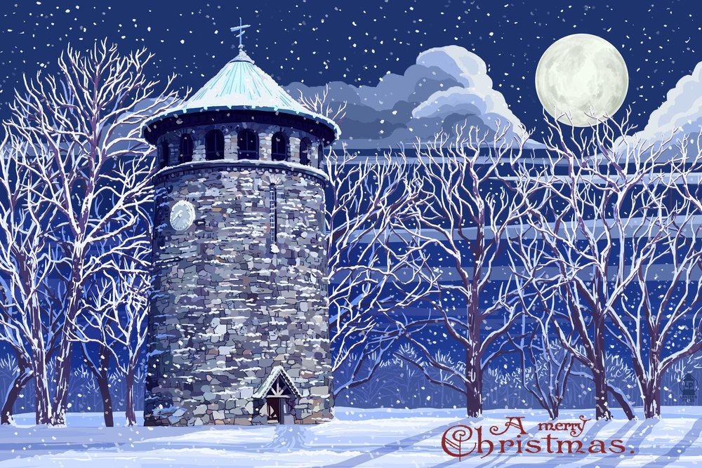 Rockford Tower Snow Scene - Wilmington, Delaware 34158 - Signed 24x36 Art Print - Winter Landscape Wall Decor Poster - Perfect for Living Room, Office & Home Decoration