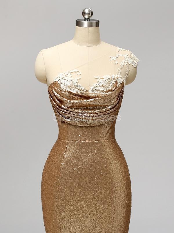 Gold Sequin One Shoulder Mermaid Long Bridesmaid Dresses for Weddings & Formal Events - Elegant Evening Gowns for Prom, Party & Special Occasions - WG596