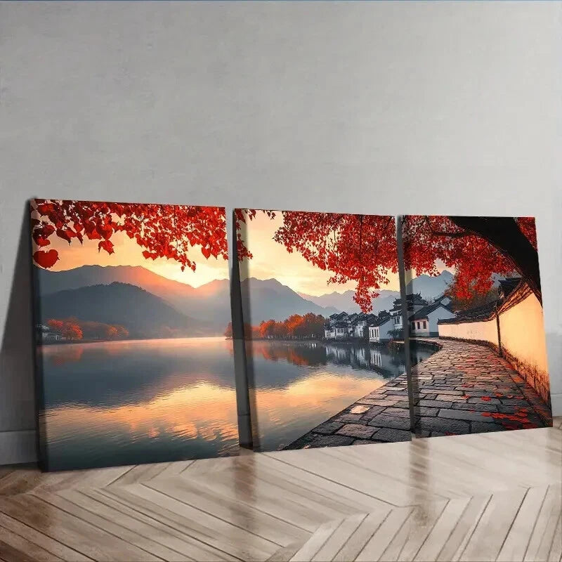 3-Piece Jiangnan Ancient Town with Trees Wall Art Set - Framed Canvas 50x70cm | High Quality Print | 100% Australian Made | Ready to Hang | Perfect for Living Room, Bedroom & Office Decor