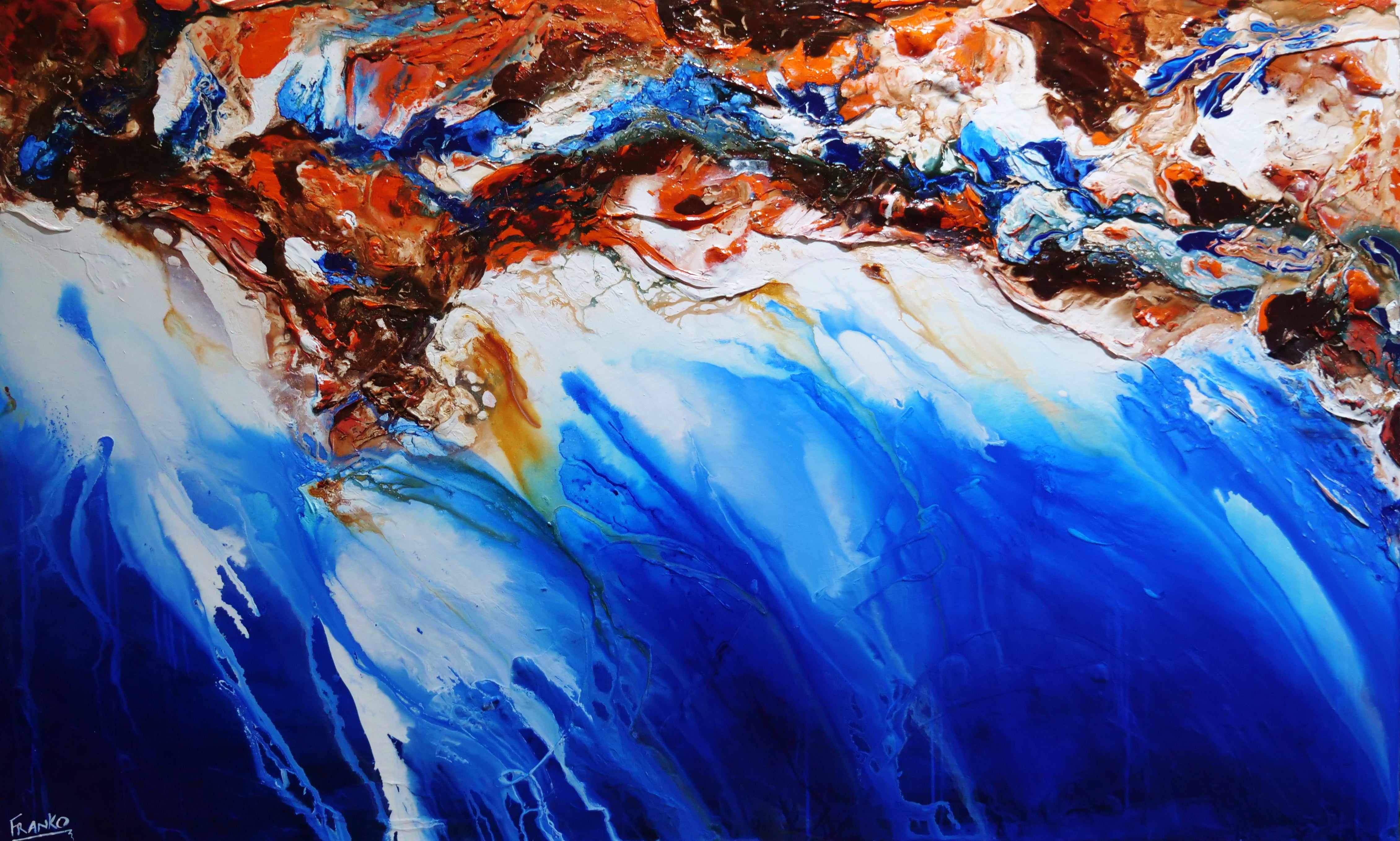 Rusted Oxide Coast Abstract Painting - 200cm x 120cm Blue & Orange Textured Wall Art for Living Room, Bedroom, or Office Decor