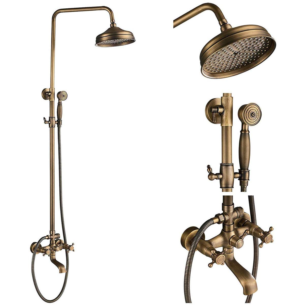 Vintage Brass Outdoor Shower System - 8 Inch Rainfall Shower Head with Handheld Sprayer & 2 Knob Wall Mounted Faucet | Perfect for Poolside, Garden & Backyard Showers