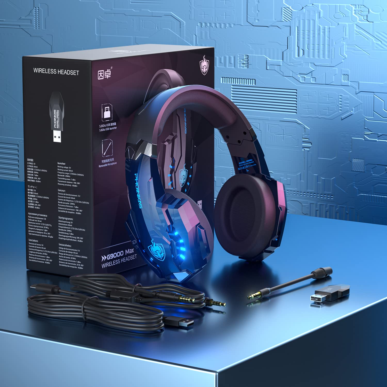 PHOINIKAS 2.4GHz Wireless Gaming Headset for PS5, PS4, PC, Nintendo Switch - Over Ear Headphones with Noise Cancelling Mic, 7.1 Surround Sound, 40+ Hour Battery Life (Blue) - Perfect for Competitive Gaming & Late Night Sessions