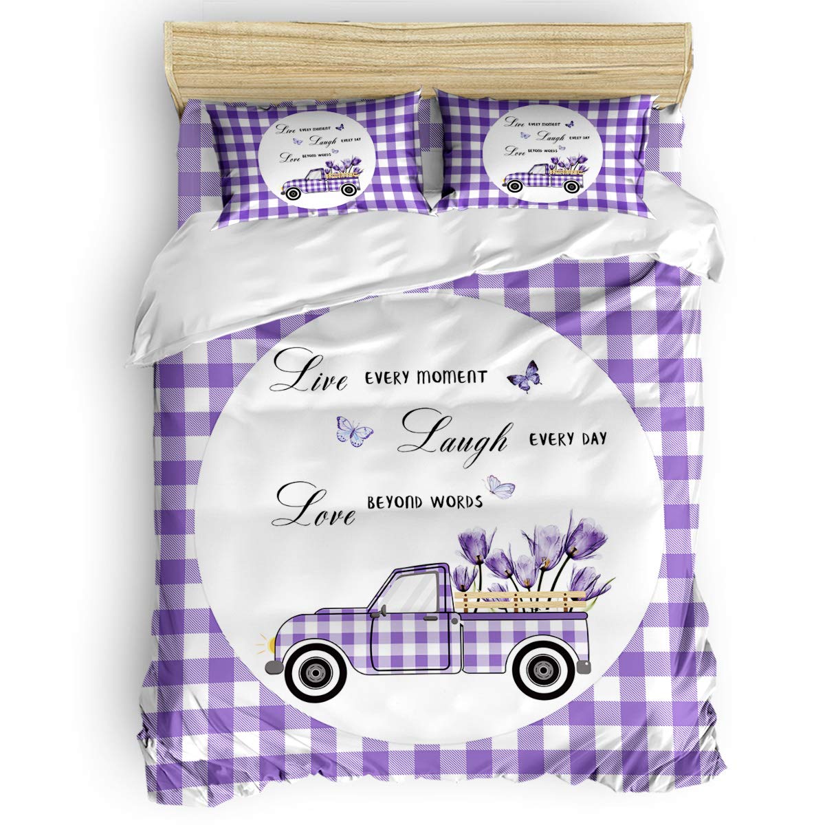 4 Piece Twin Bedding Set - Round Purple Truck with Tulips & Butterflies Comforter Cover, Fitted Sheet & 2 Pillowcases for Kids Bedroom - Purple & White Checkered Positive Energy Design - Perfect for Girls & Boys Room Decor