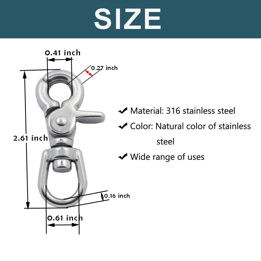 2.6 Inch 316 Stainless Steel Swivel Snap Hooks with Spring Eye - Heavy Duty Bolt Snap Trigger Hooks for Dog Leash, Keychain, Tarp Covers (2 Pack) - Perfect for Outdoor Activities, Camping Gear & Pet Accessories
