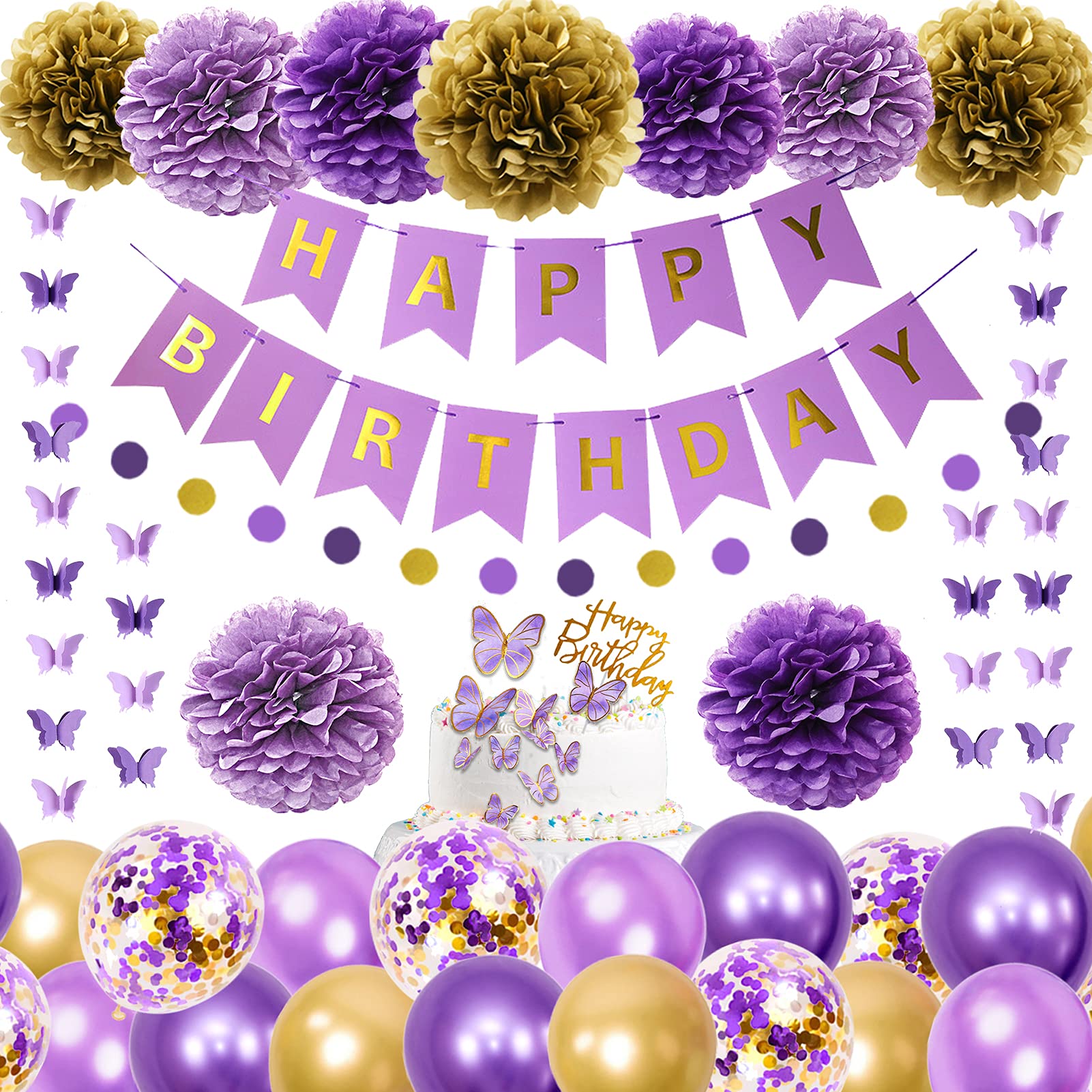 Ouddy Purple & Gold Birthday Party Decorations - Butterfly Hanging Garland, Circle Dot Banner, Balloons & Paper Flowers for Women's Birthday Cake Toppers | Perfect for Indoor/Outdoor Birthday Celebrations, Baby Showers & Special Events