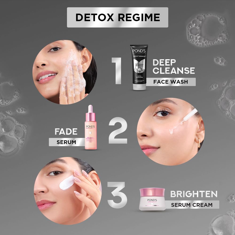 POND'S Bright Miracle Detox Face Wash with Activated Charcoal - Deep Cleansing for Glowing Skin | Removes Dirt, Oil & Pollution | 150g | Perfect for Daily Skincare Routine & Post-Makeup Cleansing