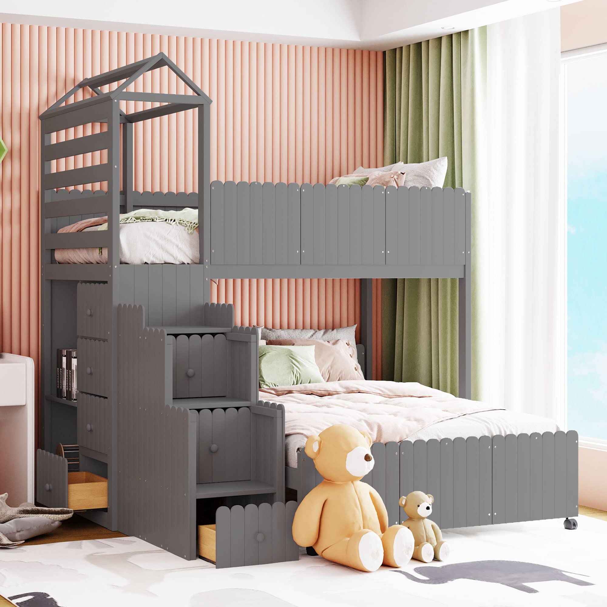 Twin Over Full Bunk Bed with Stairs - Solid Pine Wood House Bunk Bed with 7 Storage Drawers & 2 Shelves | Space-Saving Kids, Teen & Adult Bedroom Furniture (Gray) - Perfect for Small Rooms, Shared Kids' Bedrooms & Guest Rooms