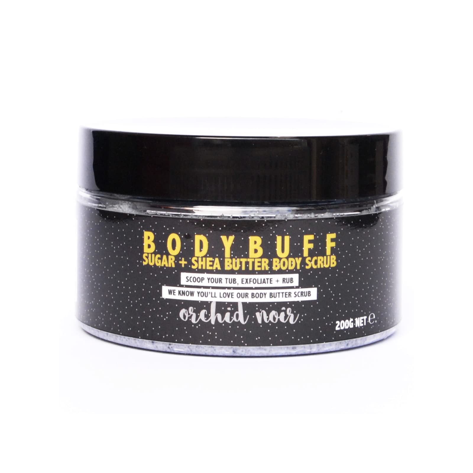 Emily Victoria Body Buff Sugar & Shea Butter Exfoliating Scrub - Orchid Noir Woody Floral Scent 200g | Hydrating & Smoothing Skin Care for Dry Skin, Perfect for Shower & Spa Day