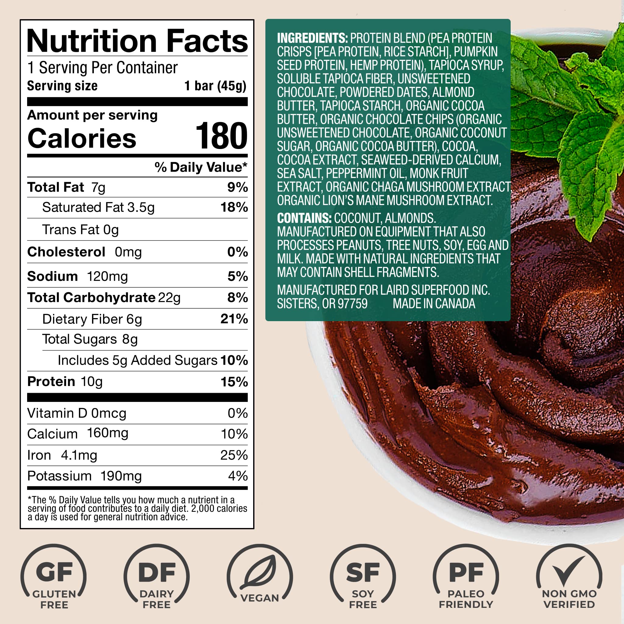 Laird Superfood Functional Protein Bars - 10g Plant-Based Protein, 6g Fiber, Non-GMO, with Real Ingredients & Functional Mushrooms - Mint Chocolate Flavor (10 Count Pack) - Perfect for Post-Workout Recovery, Healthy Snacking & On-the-Go Nutrition