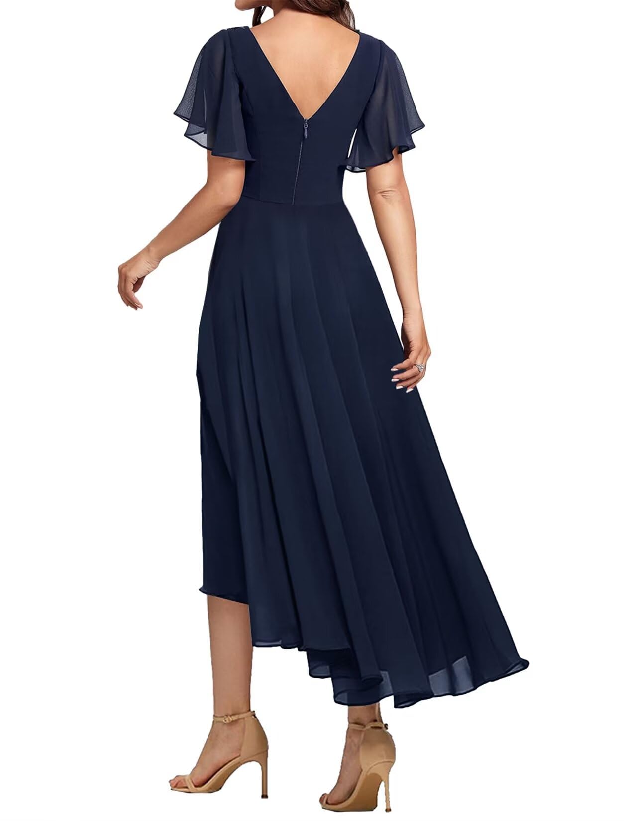 Elegant Tea-Length Mother of The Bride Dress with Lace Appliques & V-Neck - Perfect for Weddings, Receptions & Formal Events
