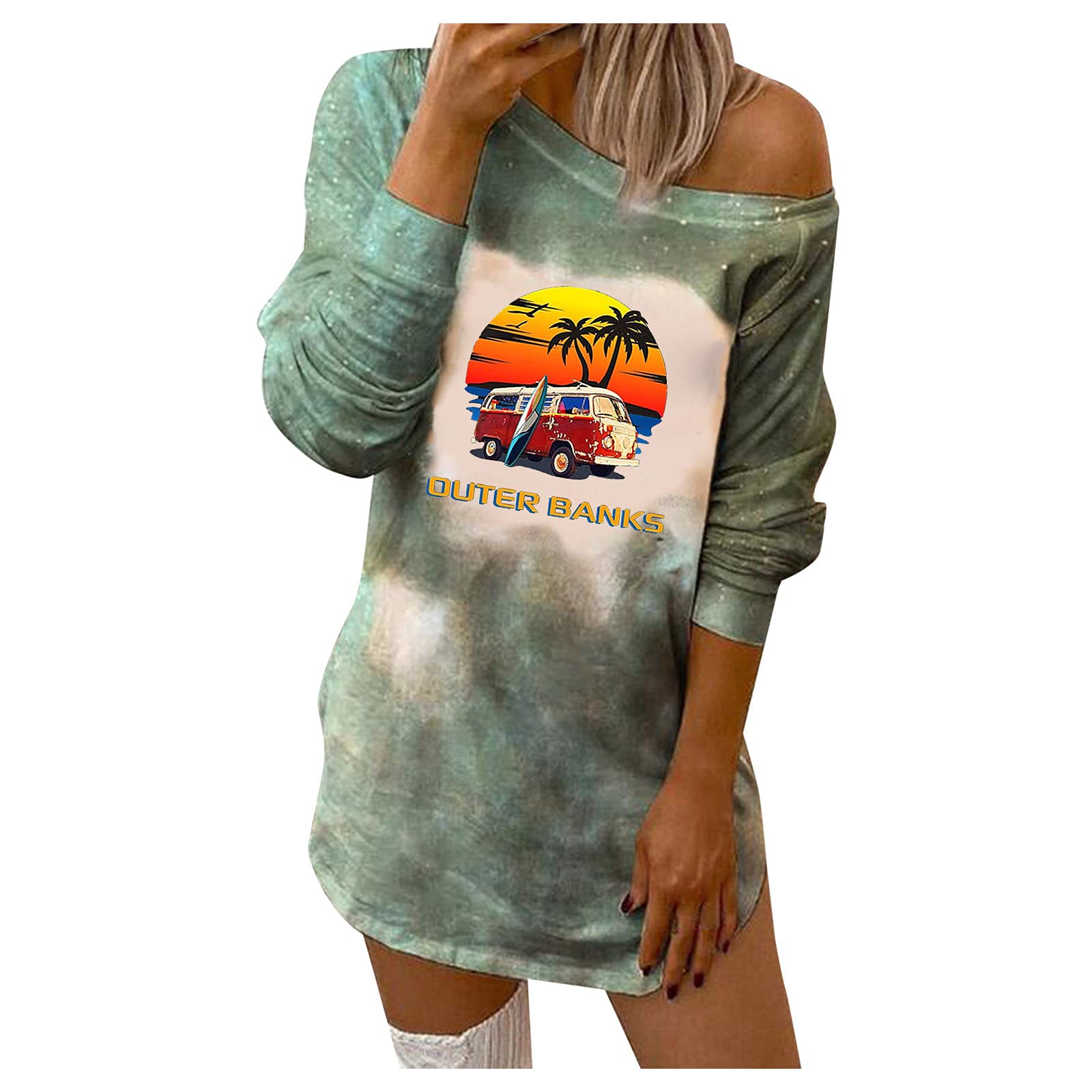 Women's Loose Tie-Dye Print Off Shoulder Sweatshirt Dress with Long Sleeves & Sequin Details - Black | Casual Boho Chic Outfit for Streetwear, Music Festivals & Date Nights