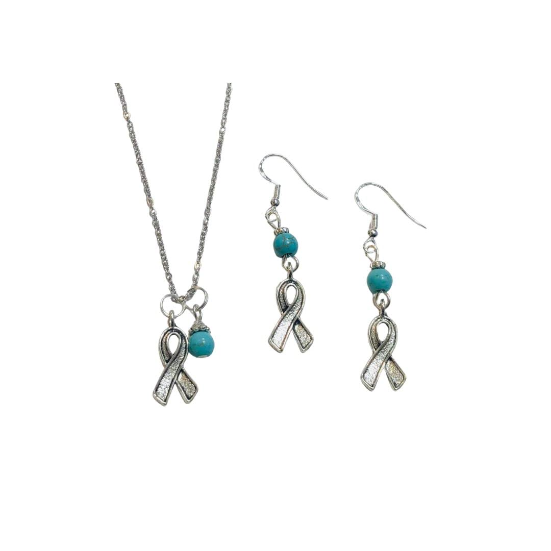 Turquoise Ribbon Jewelry Set - Ovarian Cancer Awareness Necklace & Earrings for Women | Support Survivors, Perfect for Fundraisers & Awareness Events