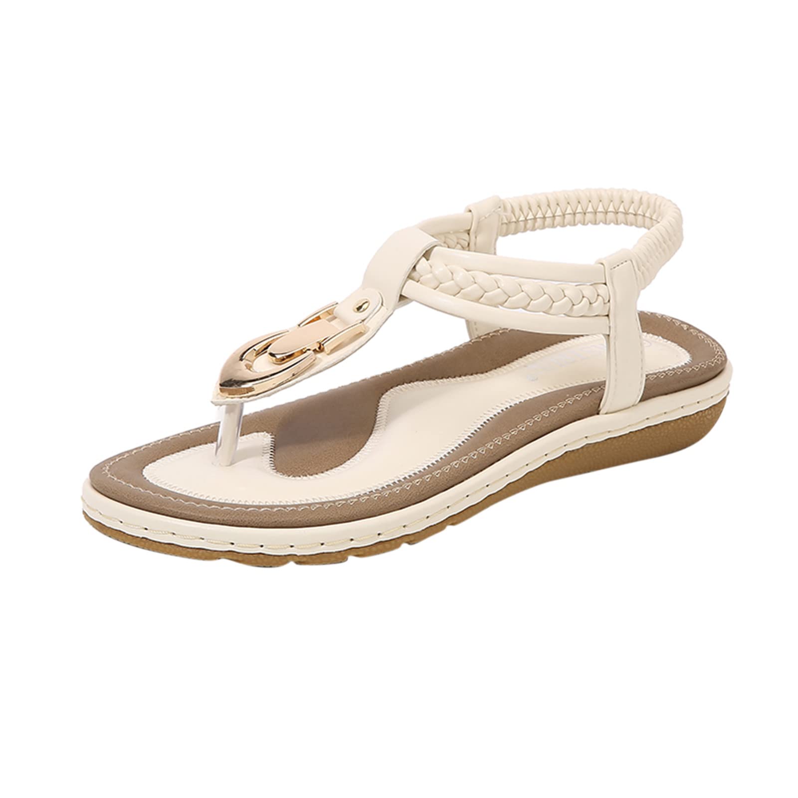 Women's Elastic Beaded Bohemian Beach Sandals - Casual String Sport Sandals for Ladies (Beige, Size 8) | Perfect for Summer Vacations, Poolside Lounging & Beach Walks