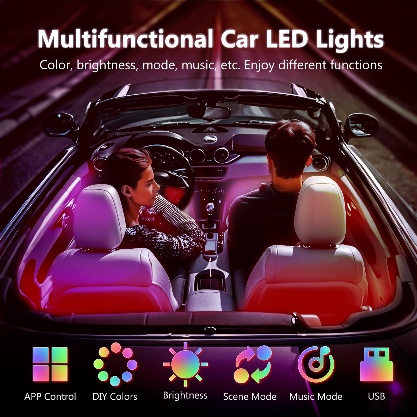 Smart APP Controlled Multicolor LED Car Interior Lights Kit - Music Sync, DIY Mode, 5V USB for Cars, Trucks & SUVs | Enhance Ambience for Night Driving, Parties & Custom Vehicle Lighting