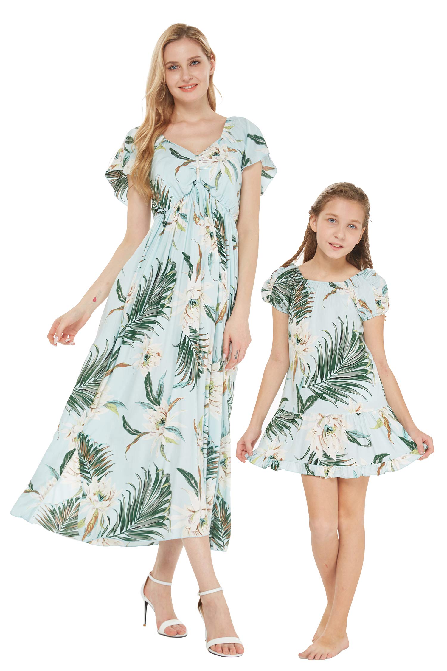 Mother & Daughter Matching Hawaiian Luau Dress - Floral Muumuu in Light Blue for Beach Vacation & Summer Parties
