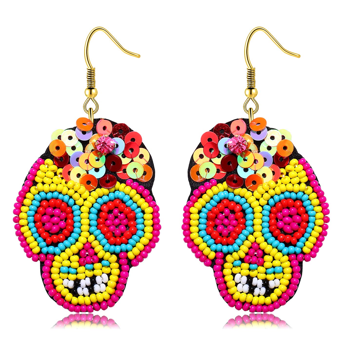 Spooky Handmade Beaded Sugar Skull Dangle Earrings for Women - Halloween Costume Party Jewelry Gifts | Day of the Dead Accessories, Gothic Fashion Statement, Festival & Cosplay Wear