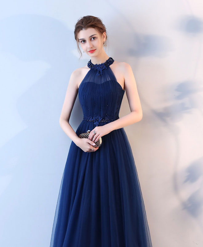 Elegant Blue Halter Tulle Long Prom Dress for Women - Formal Evening Gown for Homecoming, Wedding, Ballroom Dance & Special Occasions