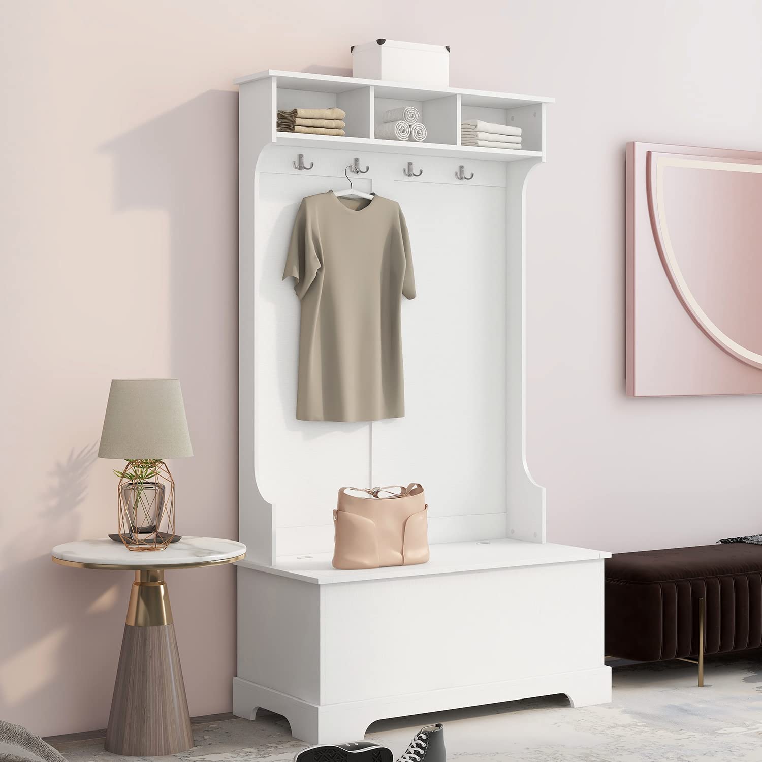 3-in-1 White Wooden Hall Tree Storage Bench with 4 Double Hooks & Hinged Lid - Entryway Coat Rack, Shoe Storage & Seating Bench for Mudroom, Foyer or Bedroom Organization