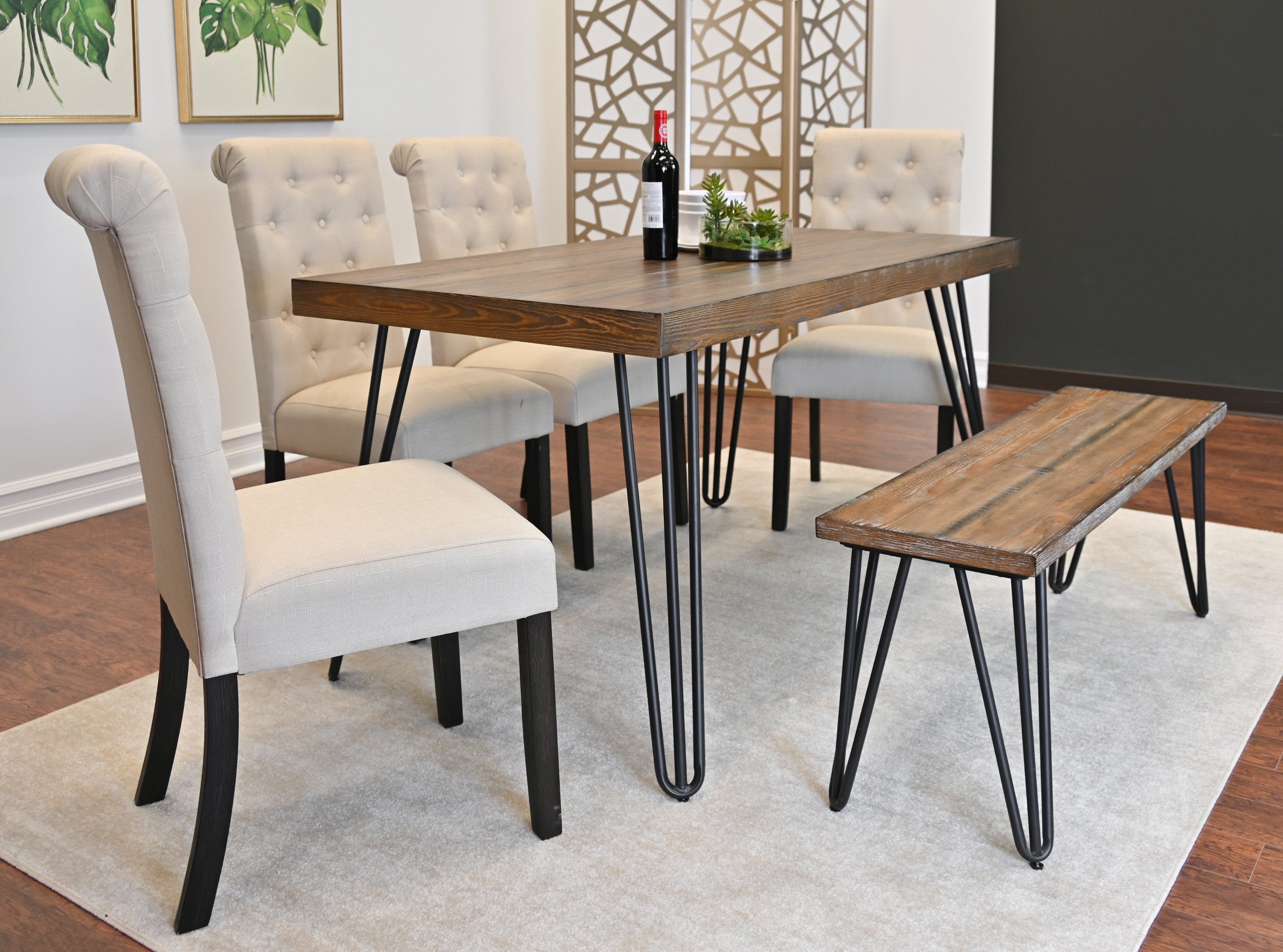 Roundhill Furniture Ashford 6-Piece Dining Set - Hairpin Leg Dining Table with 4 Chairs & Bench - Modern Kitchen & Dining Room Furniture for Small Spaces