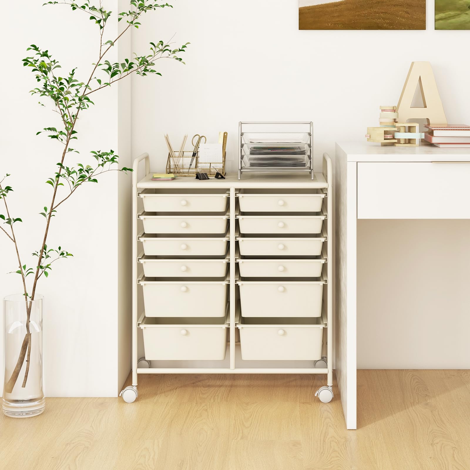 LDAILY 12-Drawer Rolling Storage Cart with Metal Frame - Large Capacity Craft Organizer on Wheels for Classroom, Office & Home Use - Smooth Gliding Drawers (White) - Perfect for Art Supplies, Stationery & Office Organization