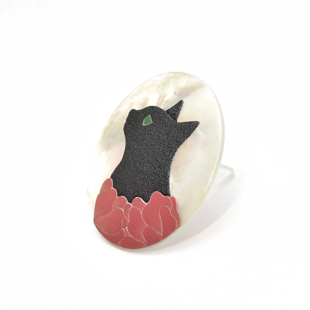 Traditional Japanese Maki-e Urushi Lacquer Brooch with White South Sea Pearl Shell - Cat and Flower Design - Handcrafted Jewelry for Women | Perfect for Weddings, Parties & Special Occasions