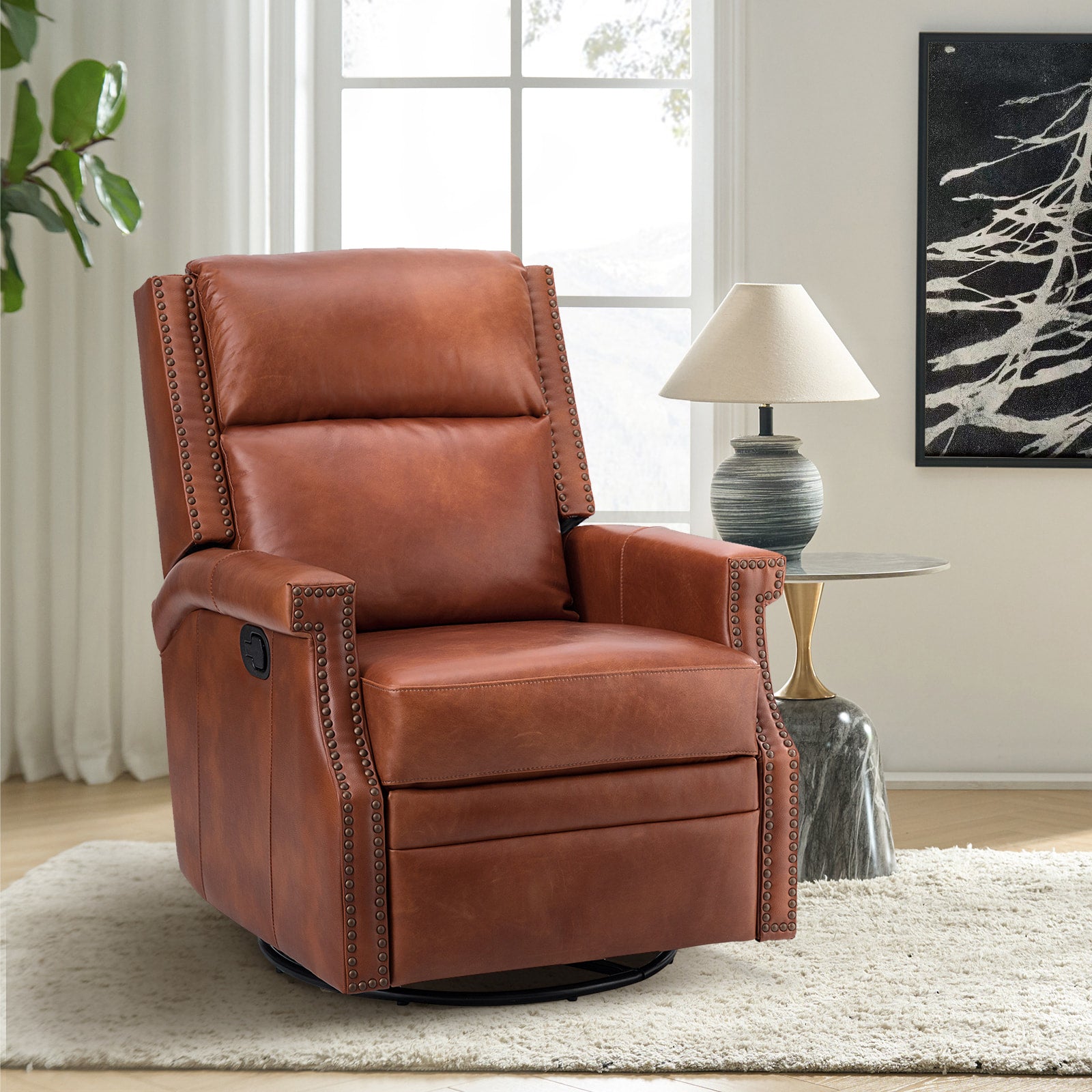 Canace Modern Genuine Leather Manual Glider Rocker Recliner Chair - Comfortable Swivel Lounge Chair for Living Room, Nursery, and Office Relaxation