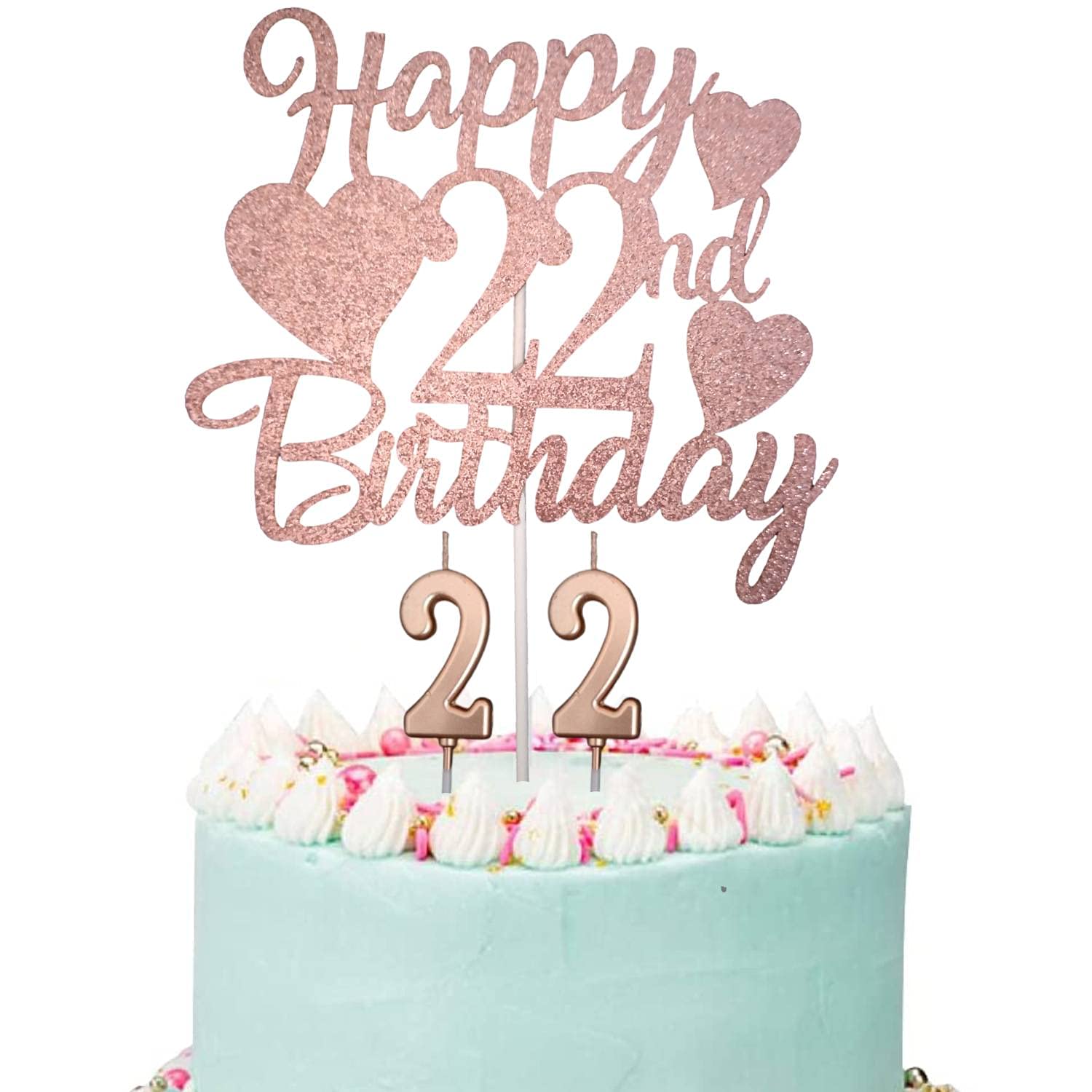Rose Gold 22nd Birthday Cake Topper with Number 22 Candles - Elegant Cake Decor for Women's 22nd Birthday Party, Bridal Shower & Anniversary Celebration - Perfect for Instagram-Worthy Desserts & Special Occasions