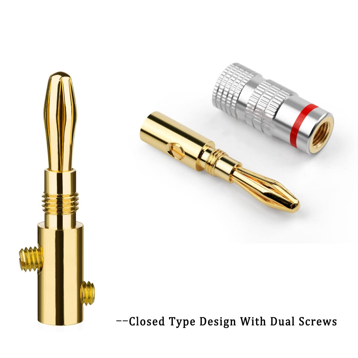Gold Plated Speaker Banana Plugs 2 Pairs (4 Pcs) - Closed Screw Audio Connectors for Speaker Wire, Home Theater, AV Receiver & Sound System - Perfect for Home Audio Setup and Professional Installations