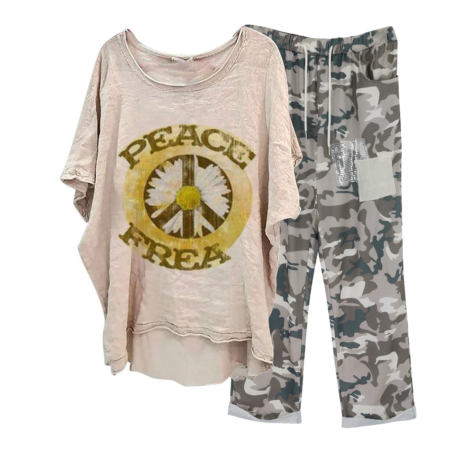 Women's 2-Piece Tracksuit Set - Summer Casual Lounge Outfit with Crewneck 3/4 Sleeve Linen Top & Pants - Petite to Plus Size Loose Fit - Perfect for Yoga, Travel & Relaxation