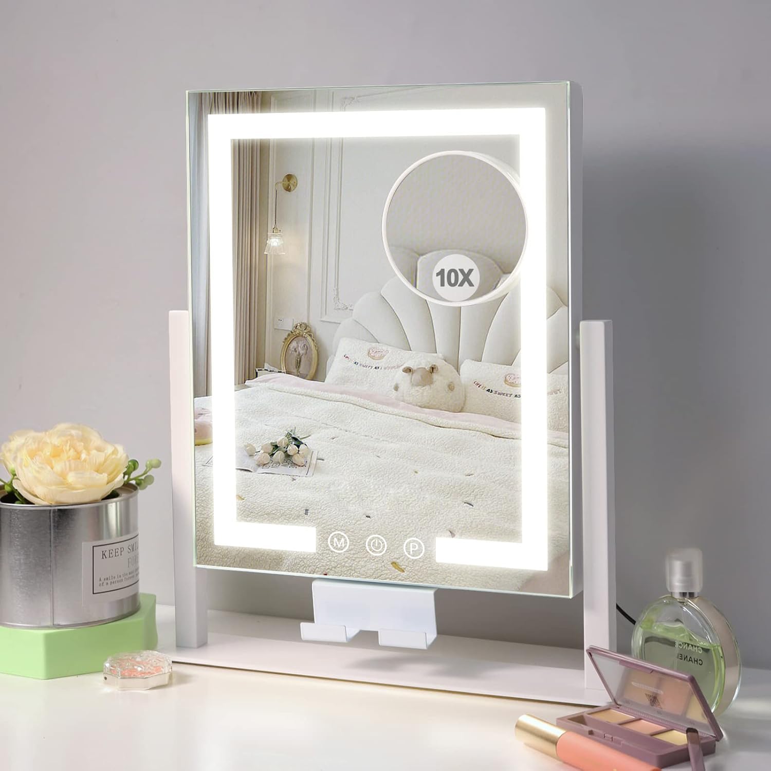 KOTTOVA LED Makeup Mirror with Lights & Phone Holder - 3 Color Modes, Touch Control, 10X Magnifying Mirror - Perfect for Vanity, Dressing Room & Professional Makeup Artists (White Metal Frame)