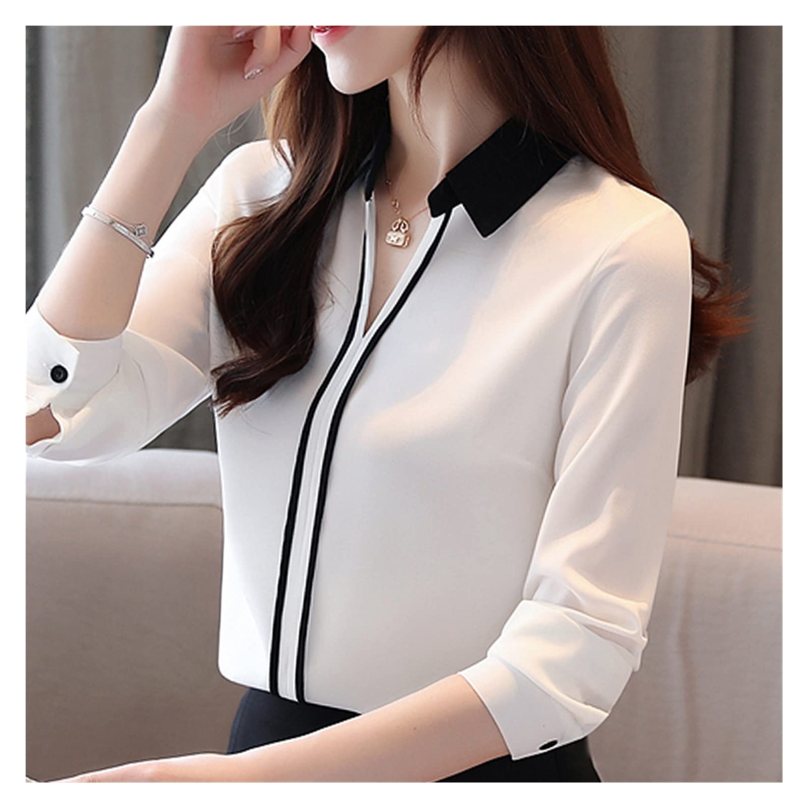 WALNUTA Women's Chiffon Blouse - Elegant Turn Down Collar Long Sleeve Office Shirt for Work & Professional Occasions | Perfect for Business Meetings, Office Wear & Formal Events