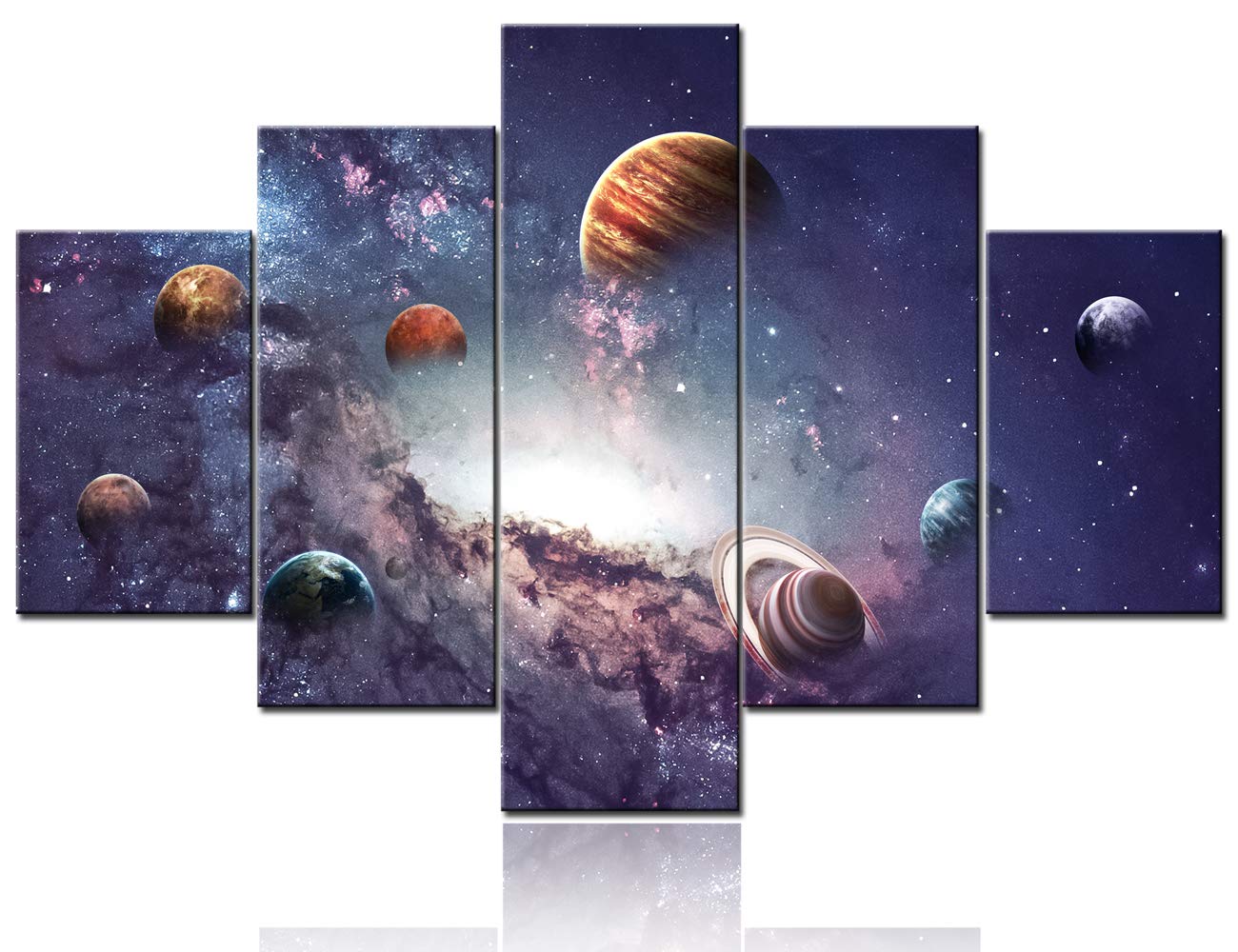 Large Modern Giclee Canvas Wall Art - 5 Panel Universe Galaxy Planets Space Painting | Stellar Nebula Home & Office Decor | Ready to Hang 60x40 Inches | Perfect for Living Room, Bedroom or Workspace