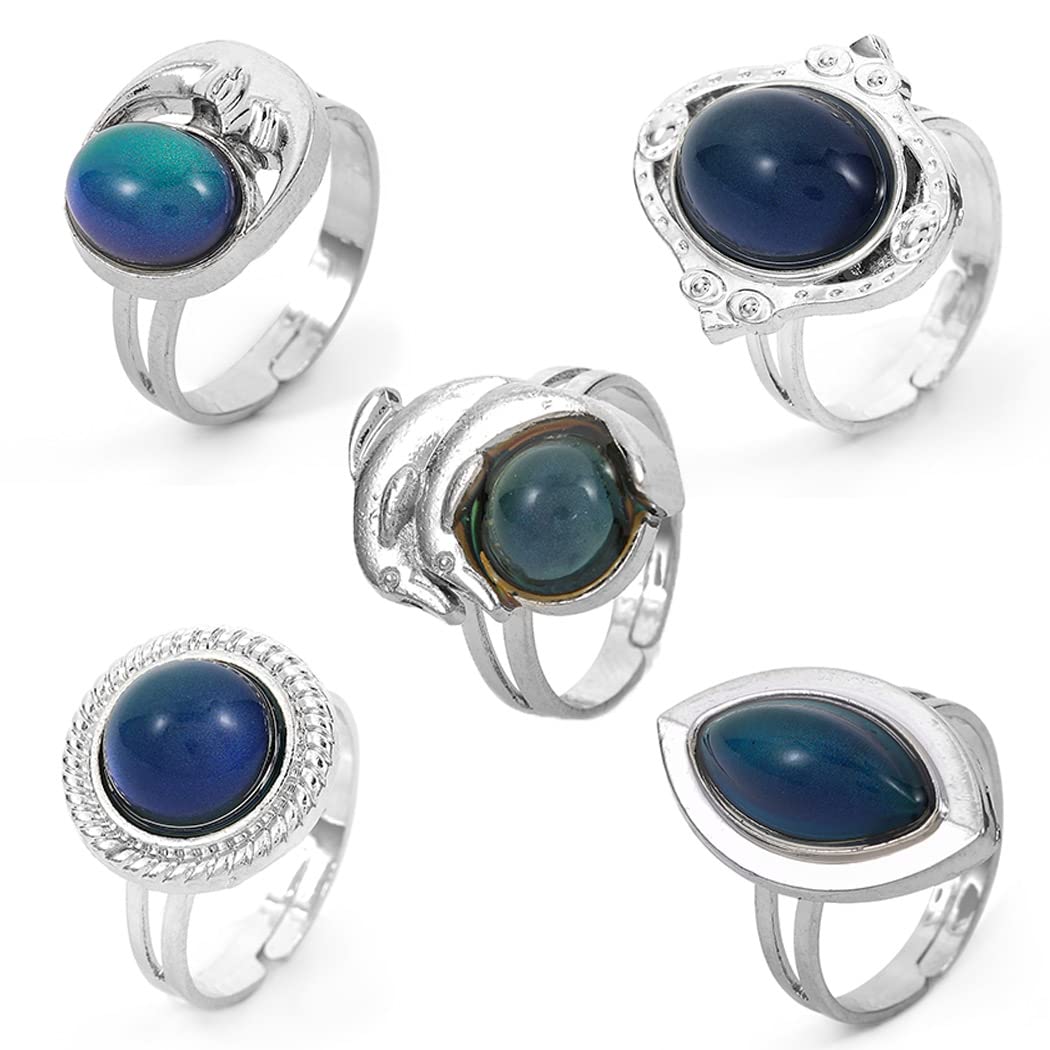 ELABEST 5Pcs Mood Ring Set - Color Changing Gemstone Rings, Adjustable Size Jewelry for Women & Girls - Perfect for Parties, Gifts & Everyday Wear