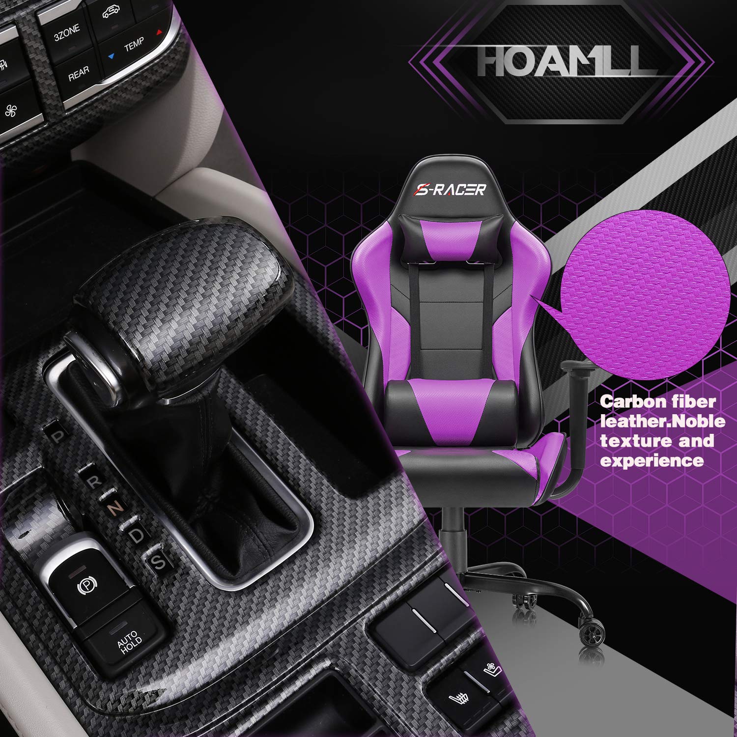 Homall High Back Gaming & Office Chair - Ergonomic PU Leather Racing Style Computer Desk Chair with Adjustable Height, Swivel & Headrest for Adults (Violet) - Perfect for Gaming, Home Office & Workspaces