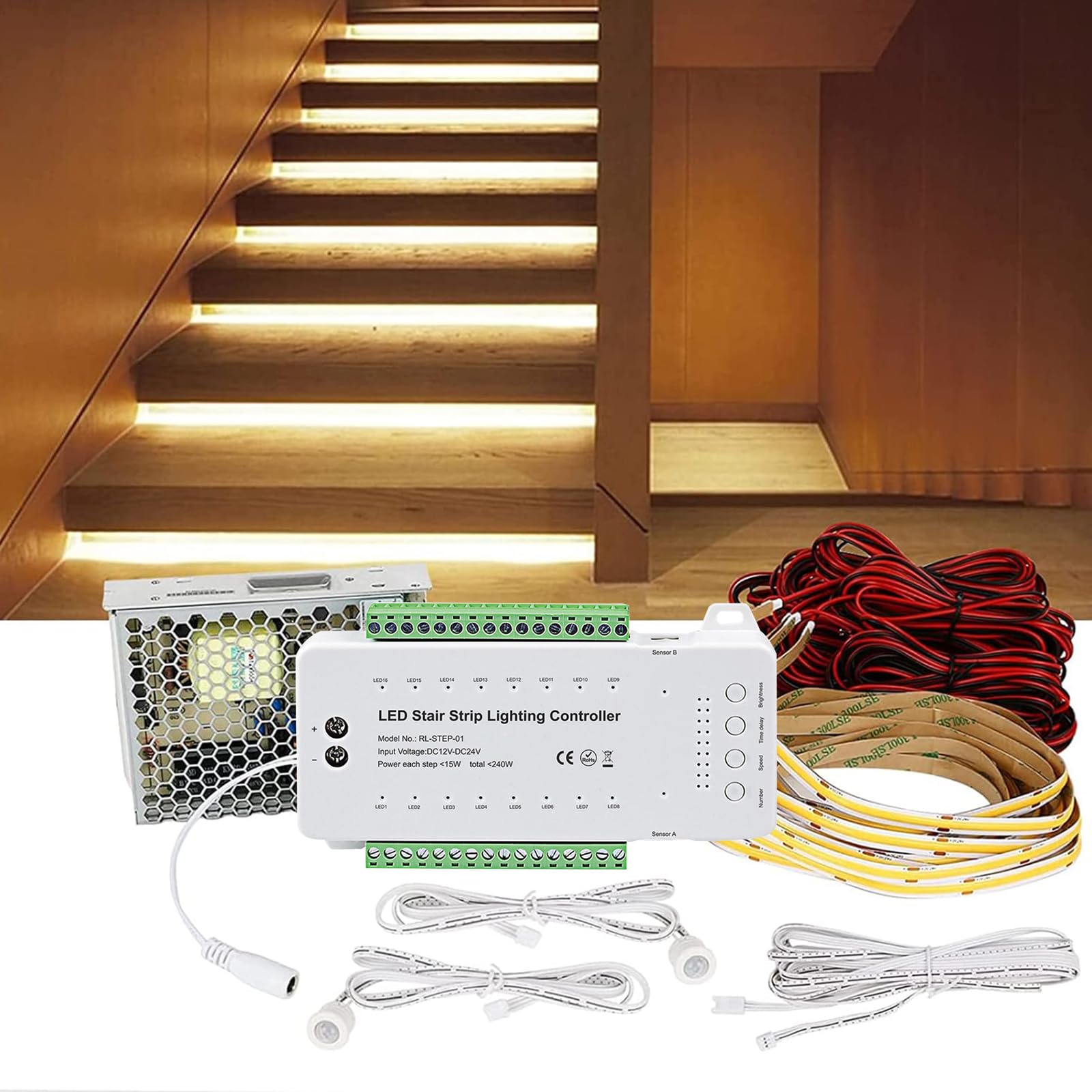 Smart Motion Sensor LED Stair Lights - Indoor COB LED Strip Lighting for Staircases, Under Step Tread Lights with Main Wire (16 Steps) - Perfect for Home Safety, Nighttime Navigation, and Modern Staircase Decor