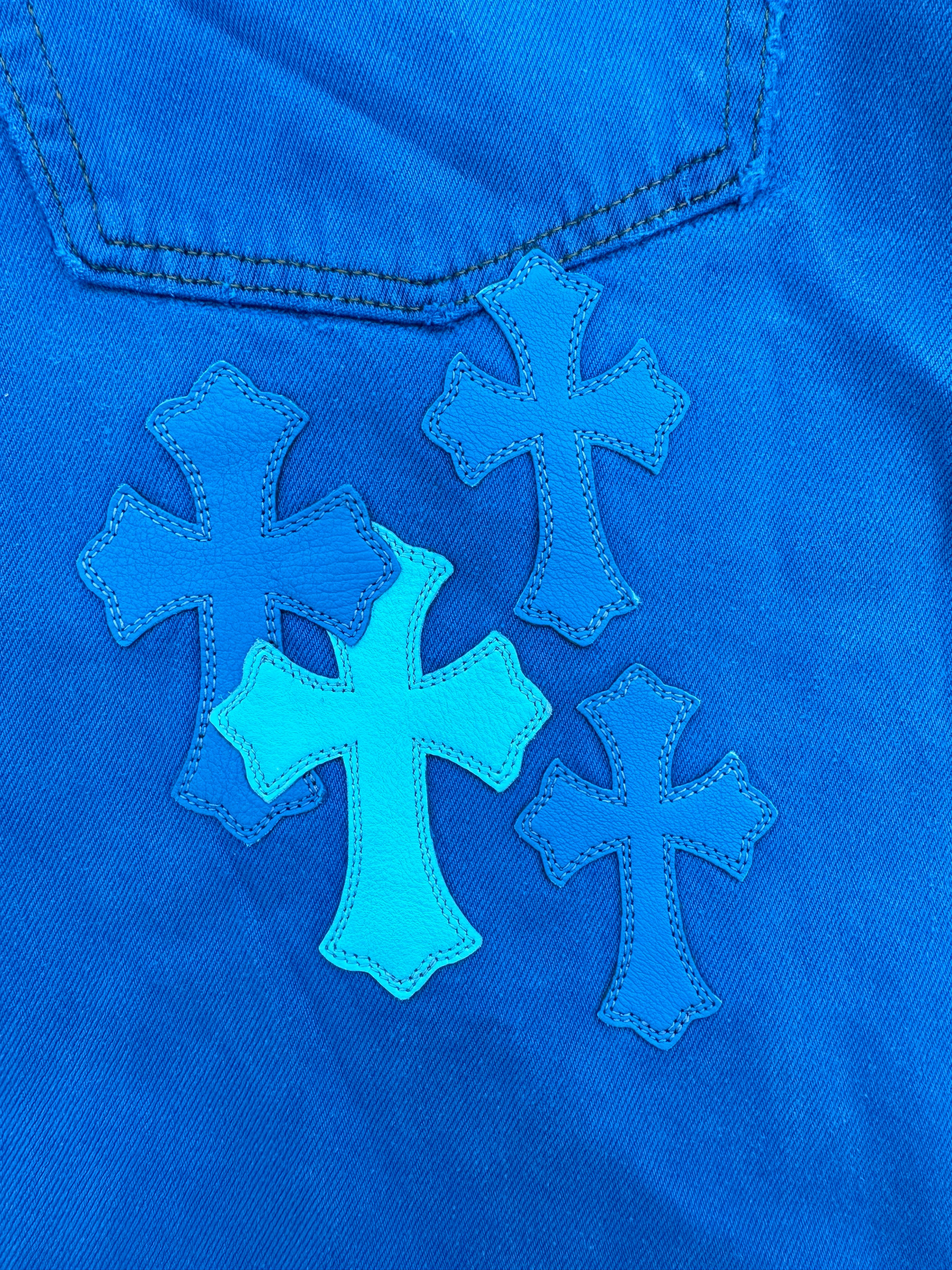 Chrome Hearts x Levi's London Exclusive Blue Dyed Cross Patch Denim Jeans for Men - Stylish Vintage Designer Pants for Casual Wear & Street Fashion