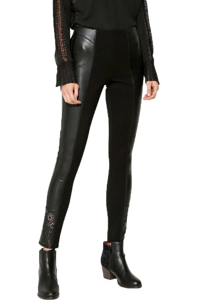 Desigual Women's Black Faux Leather Panel Harvey Leggings - UK Size 14 - High Waist Stretchy Yoga Pants for Workout, Lounge & Everyday Wear