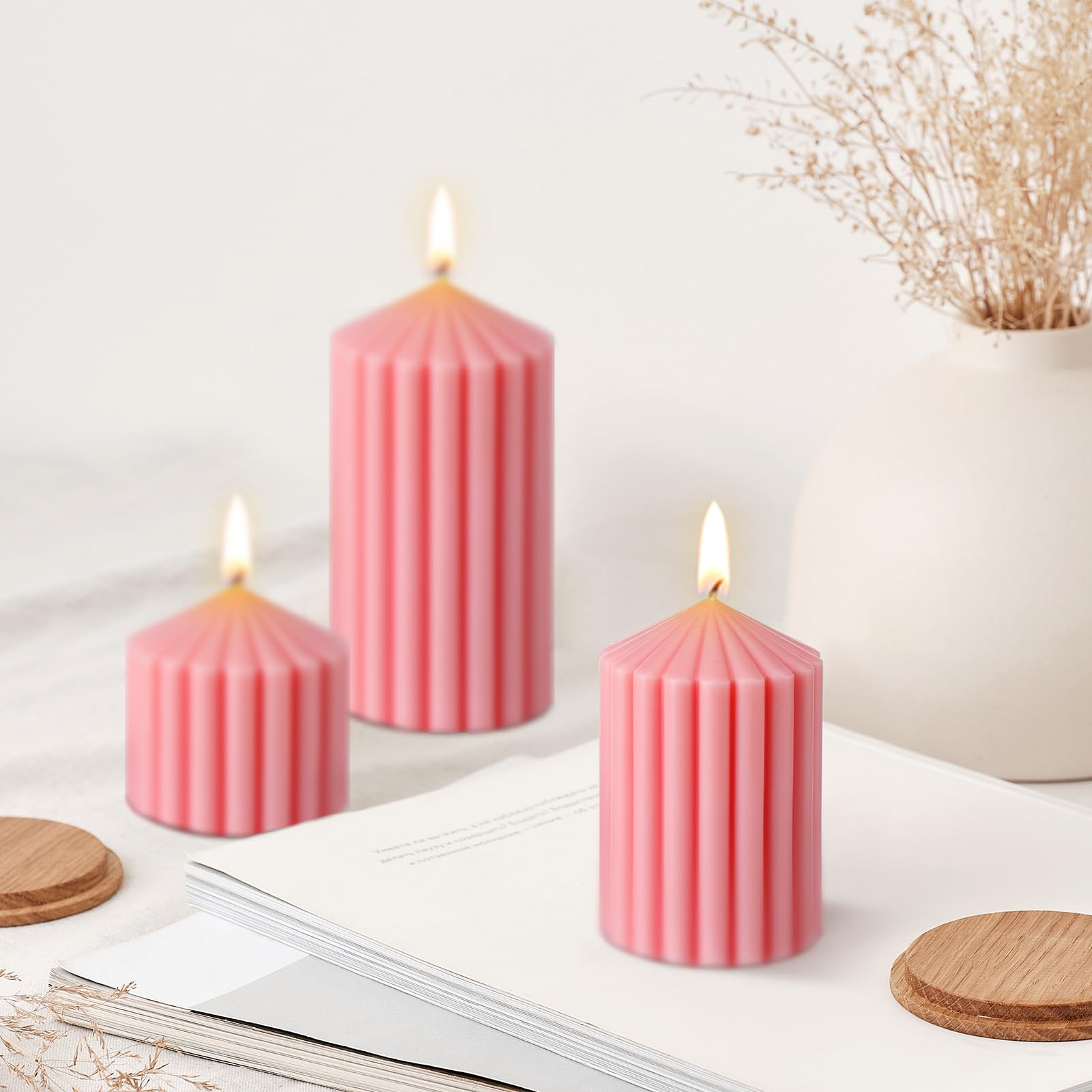 Soy Wax Ribbed Pillar Candles Set of 3 - 2.8 to 5.1 Inches, Pink for Home Decor & Gifts