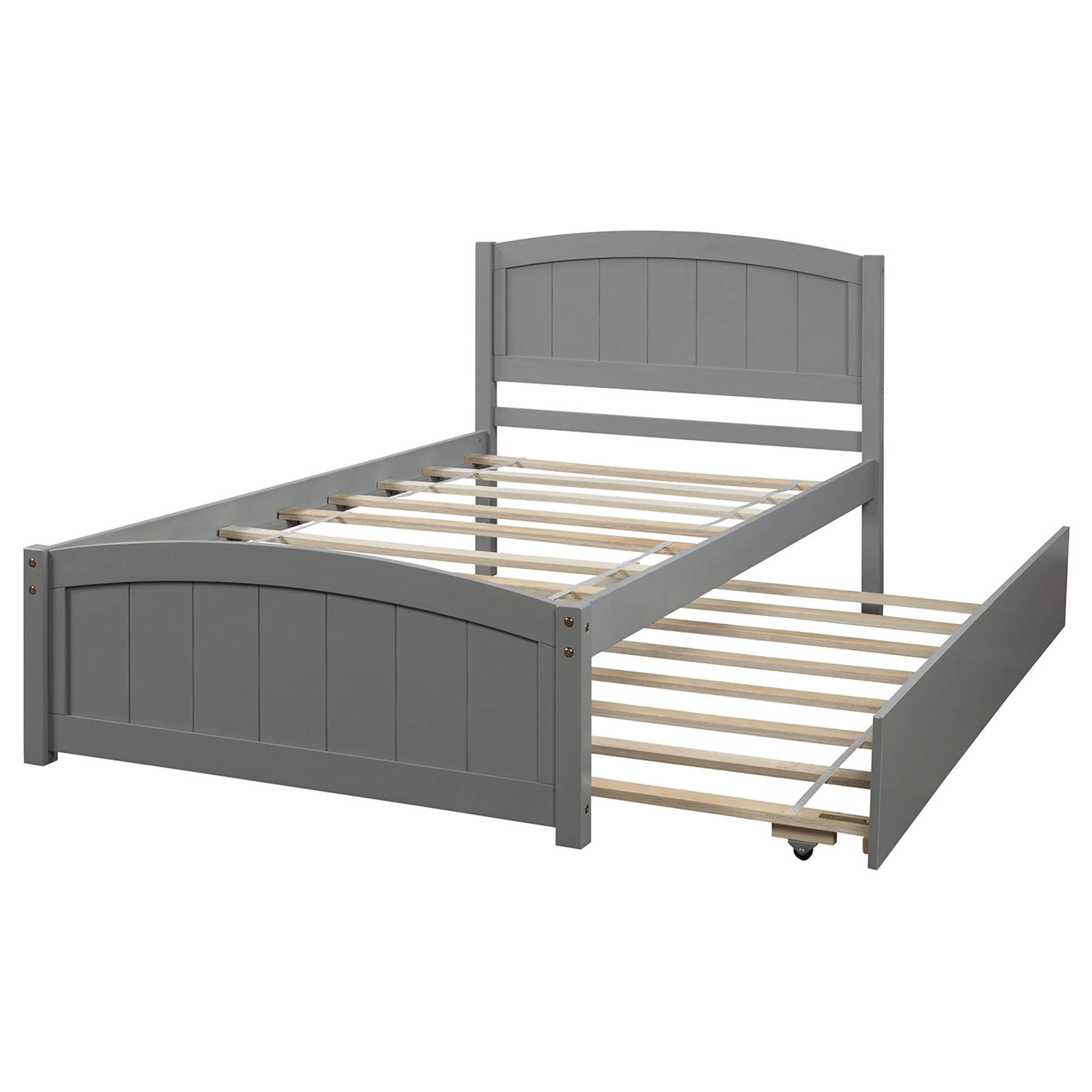 Merax Twin Size Wooden Platform Bed Frame with Trundle - No Box Spring Needed, Gray - Perfect for Small Bedrooms, Guest Rooms & Kids' Rooms