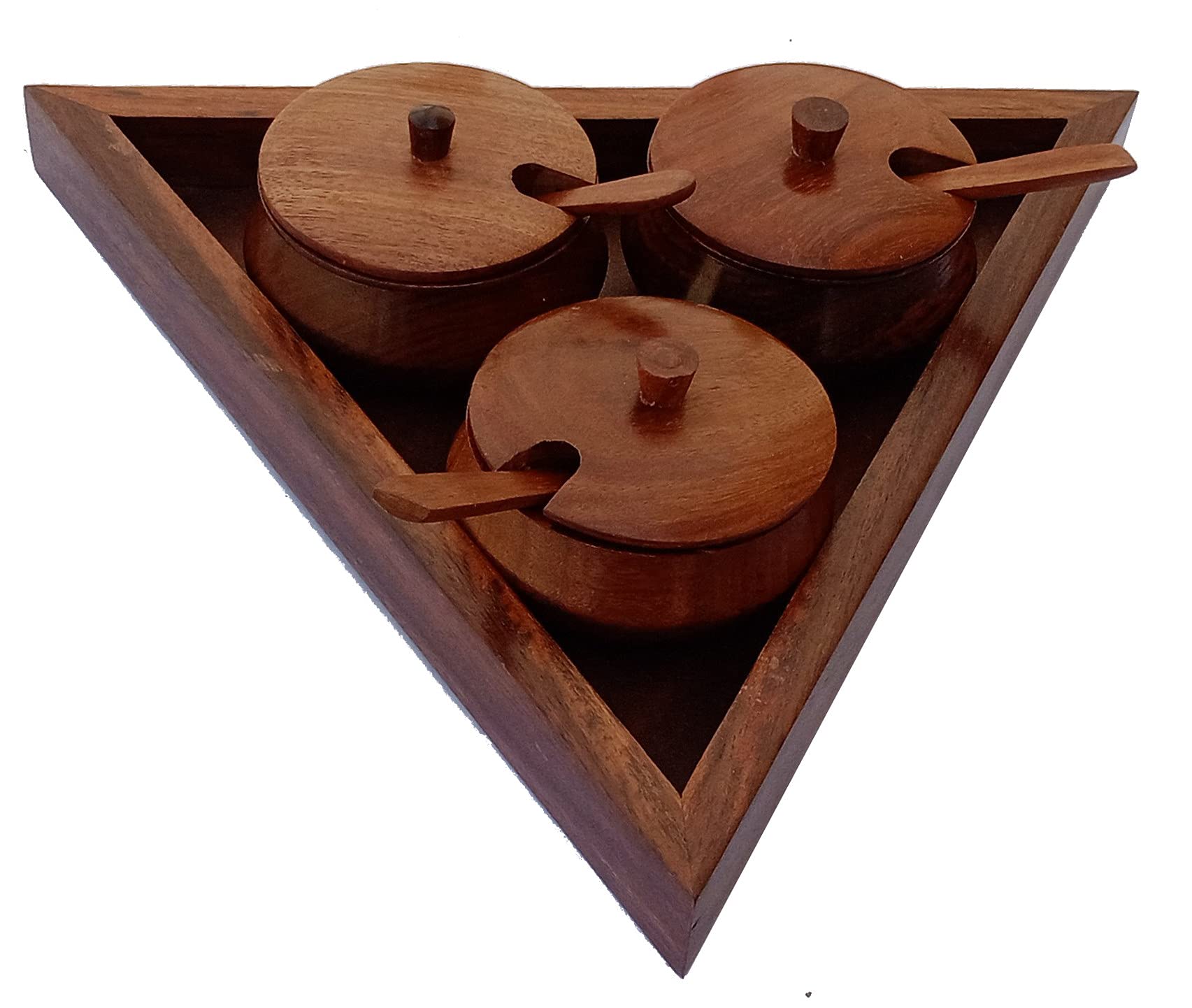 Purpledip Wooden Tray Set with 3 Glass Jars - Perfect for Pickles, Oils, Spices, Nuts & Mints Storage | Elegant Kitchen Countertop Organizer for Home, Restaurant & Gift Giving (12337)