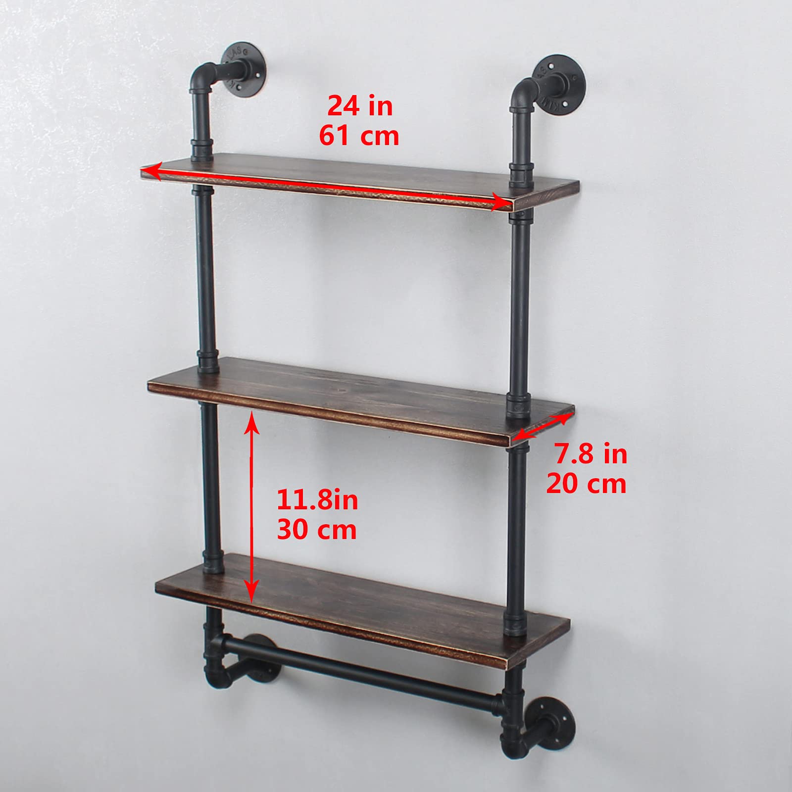 Industrial Pipe Shelving - 24in Rustic Metal Pipe Floating Shelves with Towel Bar | 3-Tier Wall Mounted Iron Pipe Shelves for Bathroom & Living Room | Retro Black Industrial Shelf for Storage & Home Decor