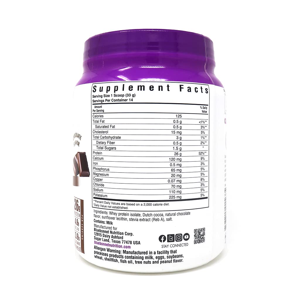 Bluebonnet Nutrition Whey Protein Isolate Powder from Grass-Fed Cows - 26g Protein, No Sugar Added, Gluten Free, Soy Free, Kosher Dairy - 1 Lb (14 Servings) Chocolate Flavor for Post-Workout Recovery & Muscle Building