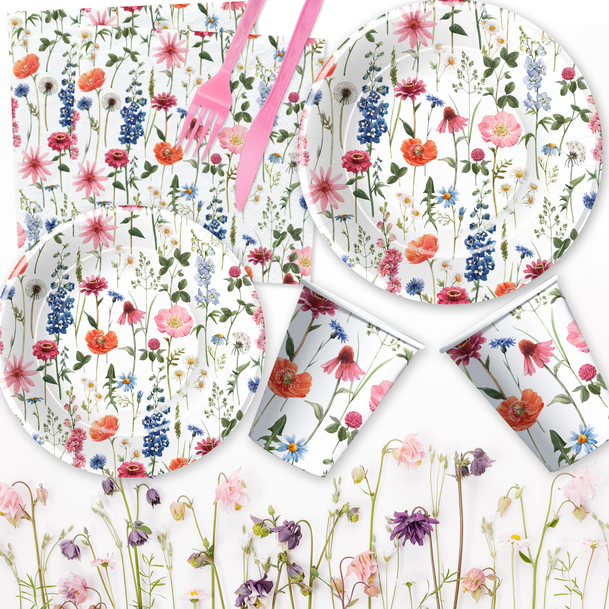 Floral Party Decorations Tableware Set - Wildflower Themed Plates, Cups, Napkins, Tablecloth & Cutlery for Spring & Summer Events | 24-Piece Serving Set for Birthday Parties, Baby Showers & Tea Parties