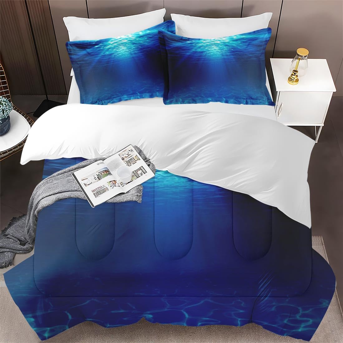 Queen Size Comforter Set - Soft Underwater Ocean Blue Bedding for Kids & Adults | Includes 2 Pillowcases | Perfect for Bedroom Decor & Coastal Themed Rooms