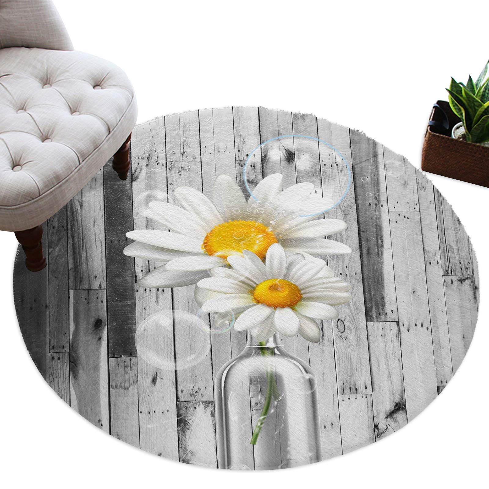 **Soft Plush Round Shag Area Rug for Kids Room - Daisy in Bottle Gray, Retro Vintage Wood Grain Texture, 3ft Diameter - Perfect for Nursery, Living Room, Bedroom & Modern Home Decor**    *(Use Cases: Cozy floor mat for playtime, stylish accent rug for nursery decor, comfortable seating area in bedrooms, or chic living room centerpiece.)*