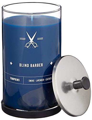 Blind Barber Tompkins Scented Soy Wax Candle - 100 Hour Burn Time, Leather Smoke & Lavender Fragrance in Vintage Barber Glass Jar (23.6oz) - Perfect for Home Decor, Relaxation & Gift Giving
