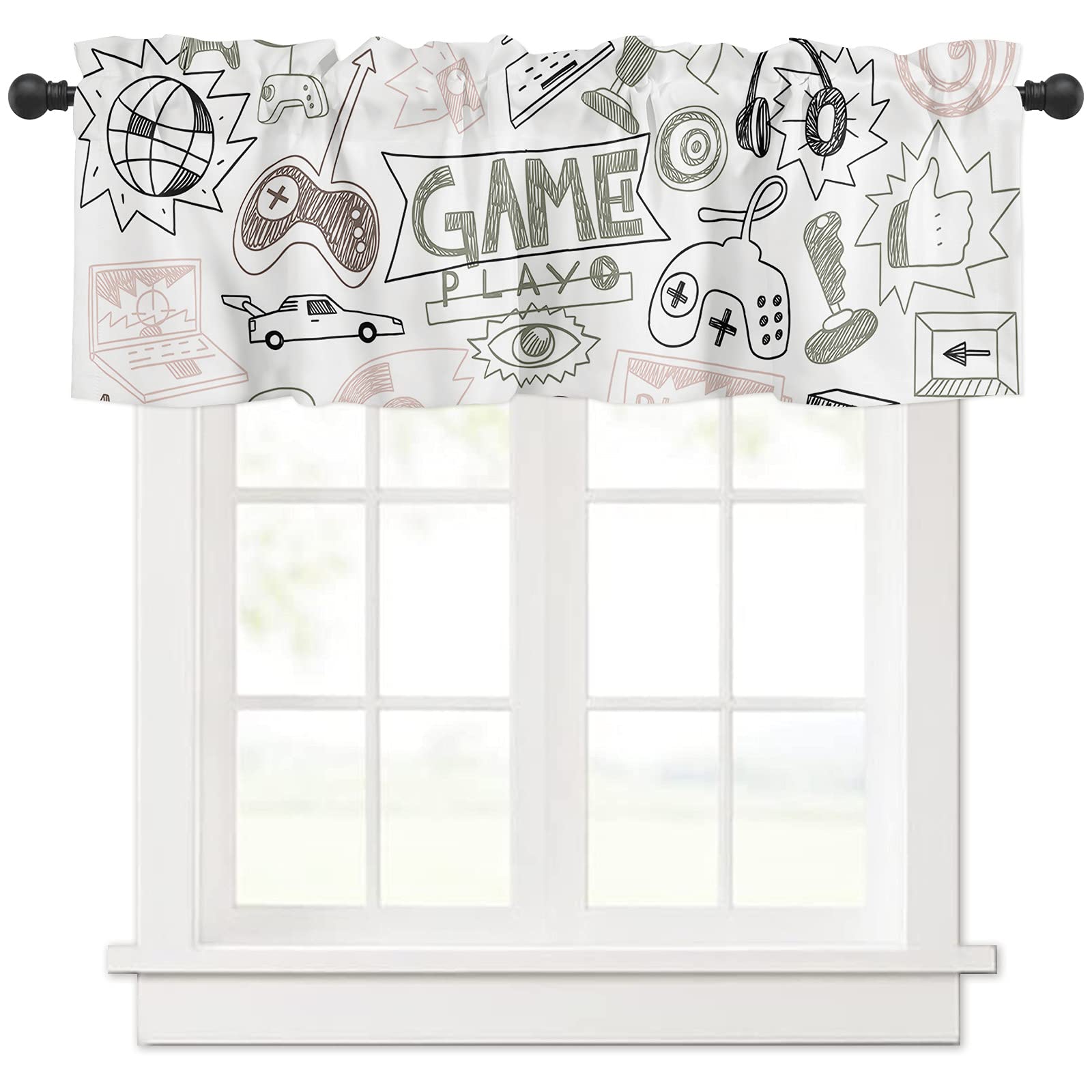 Video Game Monochrome Sketch Gamepad Valance Curtain - 54x18 Inch Rod Pocket Window Treatment for Kitchen, Bedroom, Bathroom & Laundry Room - Pink & Black Gamer Decor for Gaming Room & Home Theater