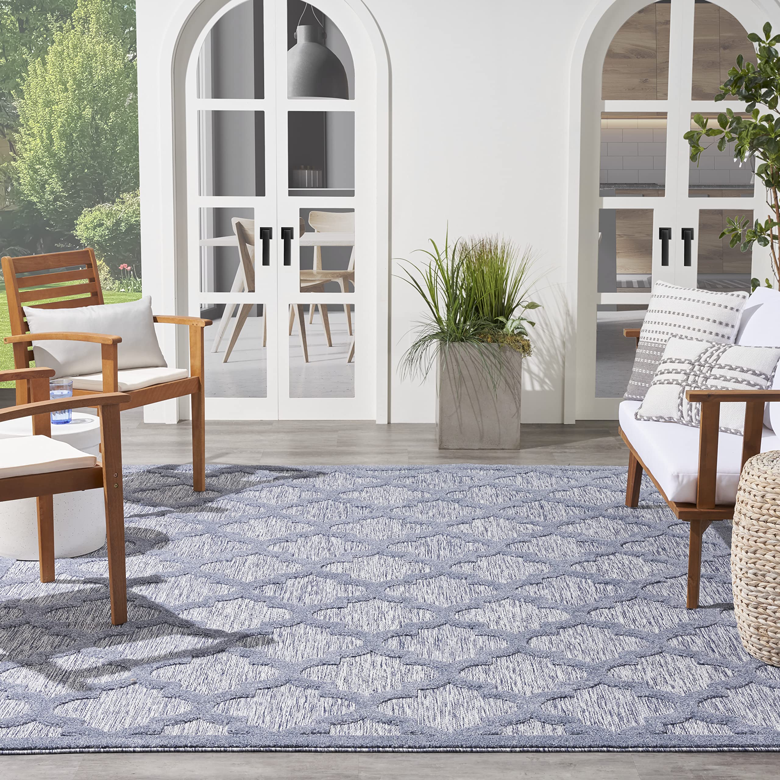 Nourison Easy Care Moroccan Denim Blue 7' x 10' Area Rug - Trellis Pattern, Stain Resistant & Non-Shedding for Easy Cleaning | Perfect for Bedroom, Living Room, Dining Room, Backyard, Deck & Patio Decor (7x10)