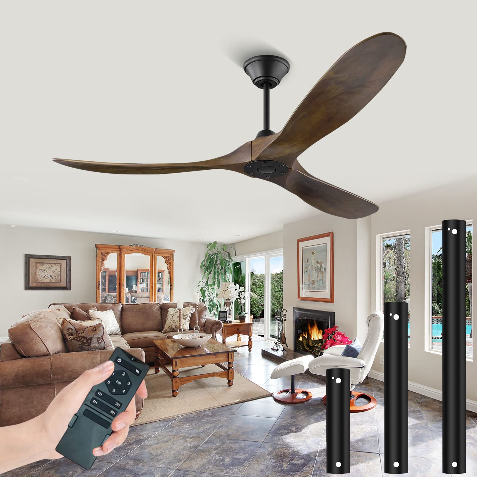 60 Inch Modern Ceiling Fan Without Light - Remote Control, 3 Blades Moisture-Proof Wood Design, 6-Speed DC Motor - Farmhouse Style for Patio, Bedroom, Living Room & Outdoor Spaces